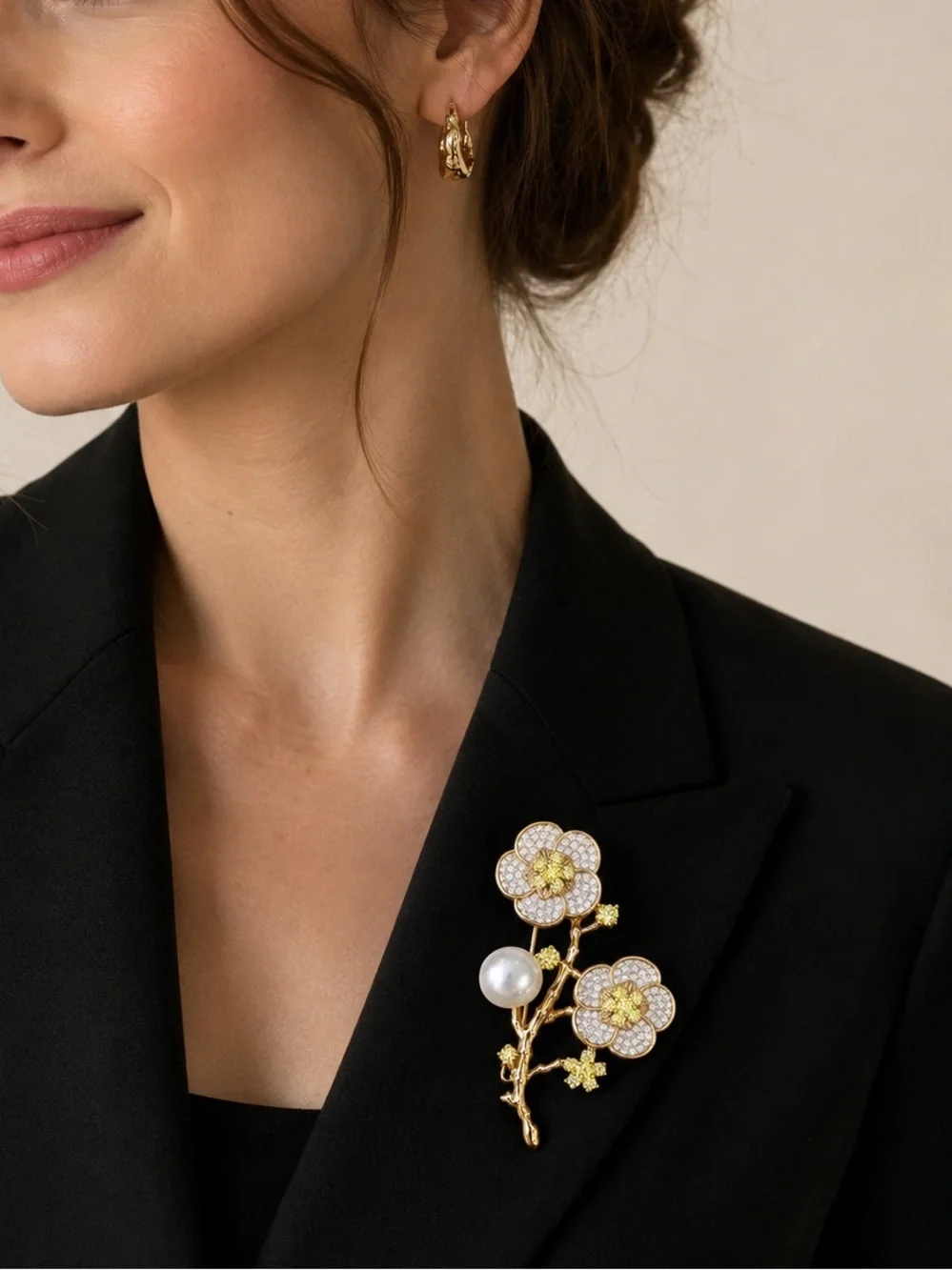 Gold Floral Pearl Brooch with Yellow Crystal Accents